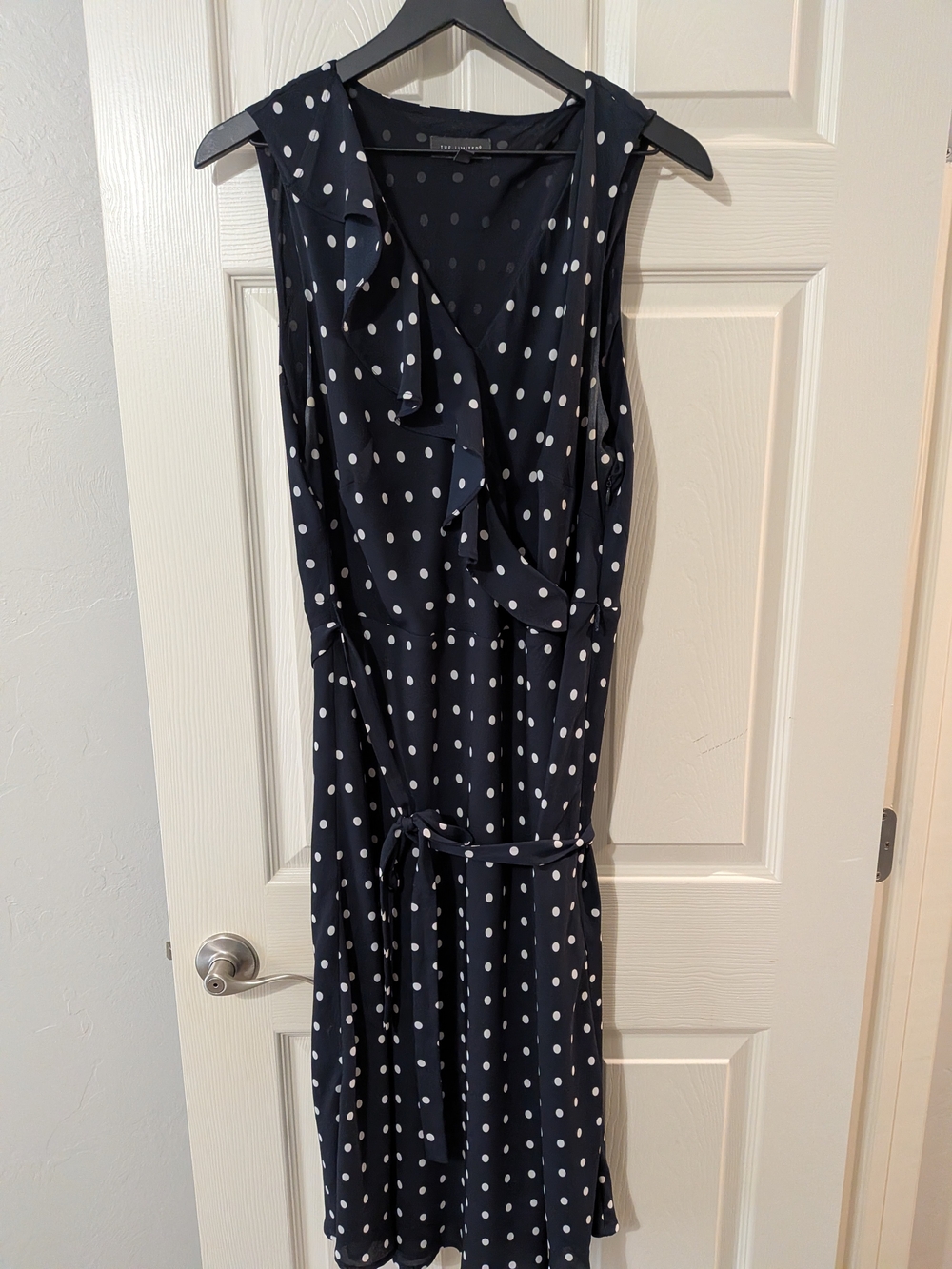 The Limited Navy and White Polka Dot Ruffle Wrap Dress